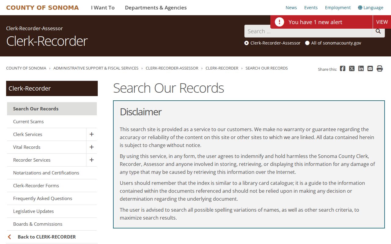 Windsor records search coverage on the Sonoma County records page