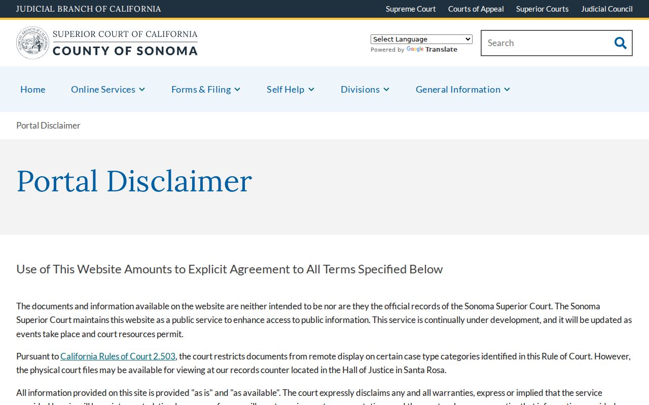 Windsor public records Sonoma court portal disclaimer